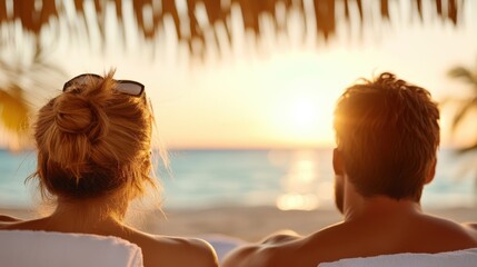 Fototapeta premium A couple is seen lounging together by the beach under a thatched hut, watching the serene and beautiful sunset, creating a calm and romantic atmosphere by the sea.