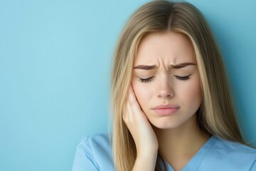 Fototapeta premium Young Woman Feeling Toothache Pain on Light Blue Background