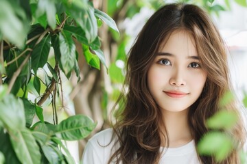 Fototapeta premium Serene Asian Woman Amongst Green Foliage in Natural Light