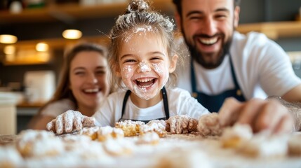 A joyful family baking together in the kitchen, with flour on their faces. The scene captures their happiness, playful moments, and the warmth of family bonding.
