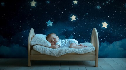 Peaceful Baby Sleeping Under Starry Night Sky in Wooden Crib