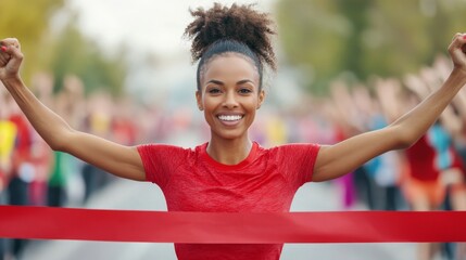Triumphant Female Runner Crossing Finish Line at Marathon Event