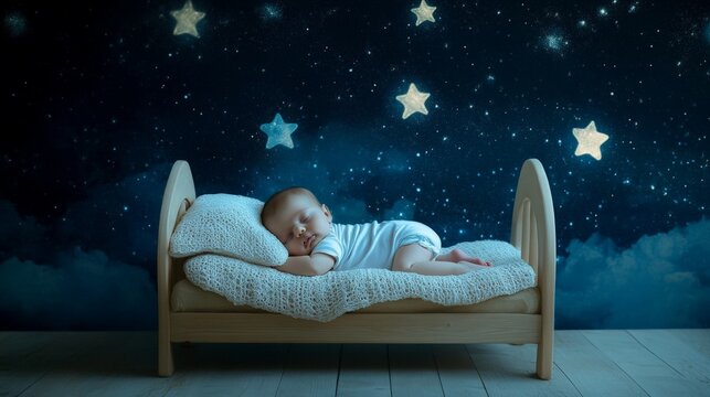 Peaceful Baby Sleeping Under Starry Night Sky in Wooden Crib