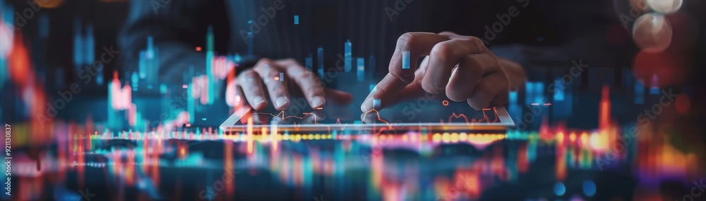Poster businessman using tablet with data visualization
