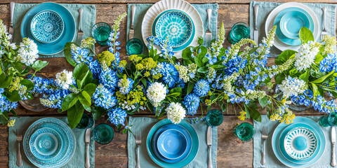 Overhead flat lay, turquoise table setting with lush blue white hydrangeas garland on rustic wood table, wide banner