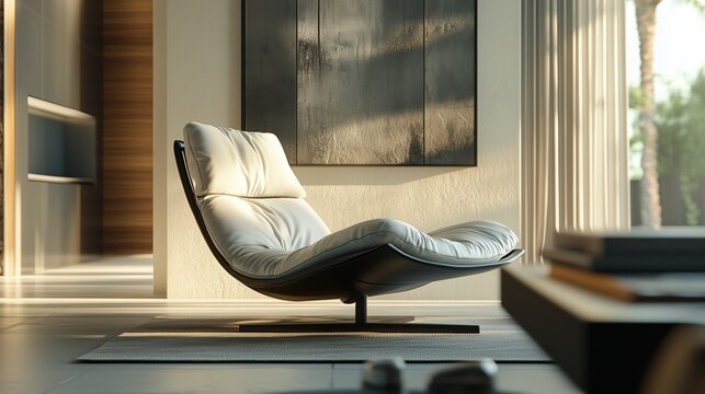 Modern ergonomic chair in a sunlit living room with minimalistic decor during afternoon hours