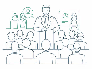 continuous single line drawing of keynote speaker and audience at business conference, line art vector illustration
