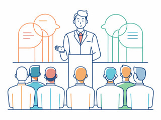 continuous single line drawing of keynote speaker and audience at business conference, line art vector illustration
