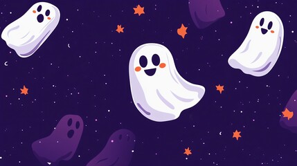 Flat design Halloween background featuring simple ghost illustrations floating against a dark purple backdrop