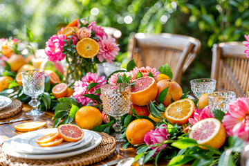 Summer outdoor garden party table setting with citrus fruits, tablescape, outdoor dining