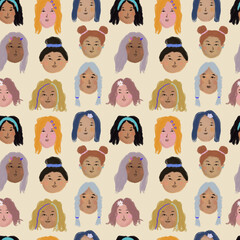 Seamless pattern of female doodle hand drawn portraits. Trendy seamless pattern with portraits of beautiful women of different skin color, hairstyle in cartoon style.