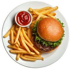 hamburger and french fries on white plate