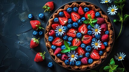 Fototapeta premium A table topped with a pie featuring strawberries, blueberries, raspberries, and daisies