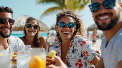 Obraz premium Friends enjoying a meal at the beach under a thatched umbrella, with tropical drinks and bright smiles, capturing the essence of leisure and relaxation in a paradisiacal setting.