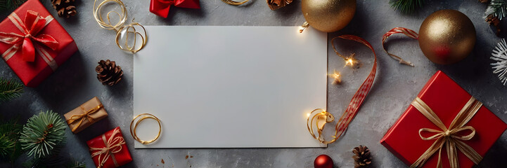 Christmas top view flat lay composition, gift boxes, balls, fir tree branches with blank empty white copy space. Festive, magic new year background, winter holiday banner template, greeting postcard.