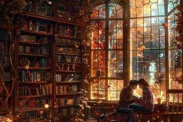 A man and woman seated in a library, engrossed in their reading amidst shelves of books, A couple sharing a quiet moment together, reading books in a cozy library, AI generated