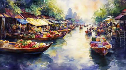 Obraz premium A traditional Thai ink painting of a remote coastal village at sunset. Thai culture and traditional