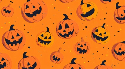 Flat Halloween background with minimalist pumpkin icons scattered across an orange background, creating a festive pattern