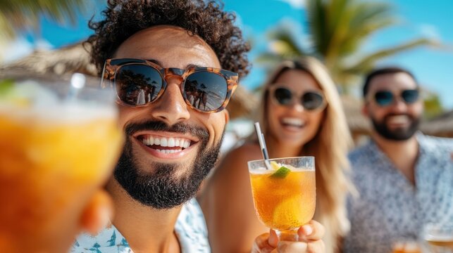 Group of friends holding cocktails and smiling at a beach gathering, enjoying the sunny weather and festive atmosphere, capturing a joyful and relaxed moment of friendship.