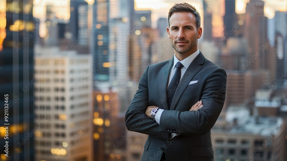 Wall mural Manhattan Mogul: A confident businessman surveys his concrete jungle from a high-rise perch, embodying success in the city that never sleeps. 