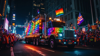 Naklejka premium A car in PRIDE parade at night with glowing neon