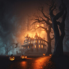 A haunted Victorian mansion surrounded by fog and twisted trees, with glowing jack-o'-lanterns lining the pathway | Variant 1