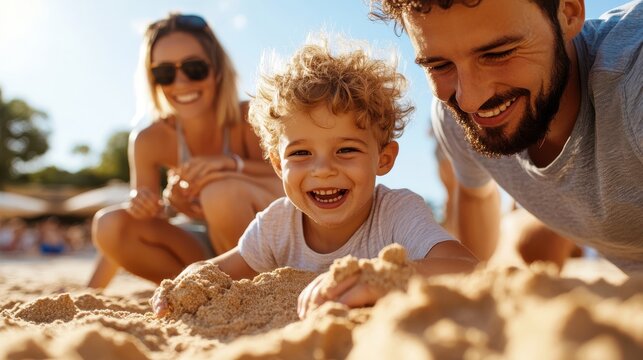 A cheerful family with parents and a curly-haired child playfully digging in the soft sand at a sunny beach, sharing laughter and joy on their fun day out.