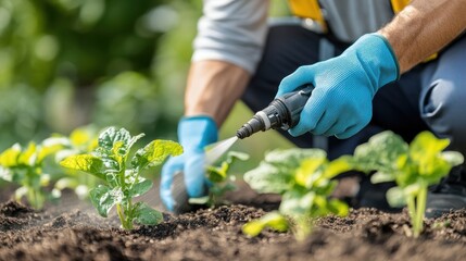 A close-up image of a gardener wearing blue gloves spraying water on young green plants, highlighting the essential role of hydration and care in gardening.