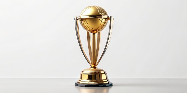 Cricket World Cup trophy displayed on a white background, cricket, world cup, trophy, champion, sport, competition, gold