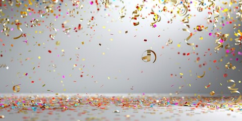 A vibrant celebration scene with colorful confetti and ribbons falling against a bright background, perfect for festive events.