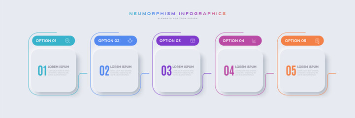Infographic design template with 5 options or steps and line icons. Useful for process diagram, presentations, banner, flow chart, workflow layout, info graph.