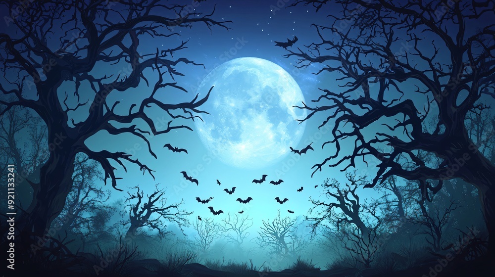 Wall mural spooky halloween background with a full moon casting eerie light over a haunted forest, with silhoue