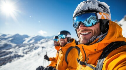 Two skiers in orange jackets taking a break on a snowy mountain ridge, basking in the bright sunlight, with breathtaking panoramic views of the surrounding snow-covered peaks.