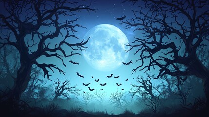Spooky Halloween background with a full moon casting eerie light over a haunted forest, with silhouettes of gnarled trees and flying bats