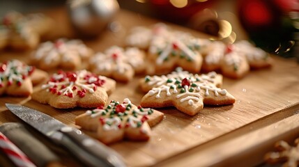   A wooden cutting board with various Christmas cookie cutouts beside a knife and scissors