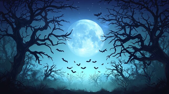 Spooky Halloween background with a full moon casting eerie light over a haunted forest, with silhouettes of gnarled trees and flying bats