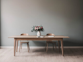 A wooden dining table with two chairs and a vase of flowers on it