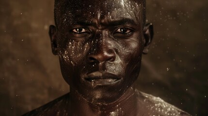 Intense Gaze Portrait of a Man Covered in Dust