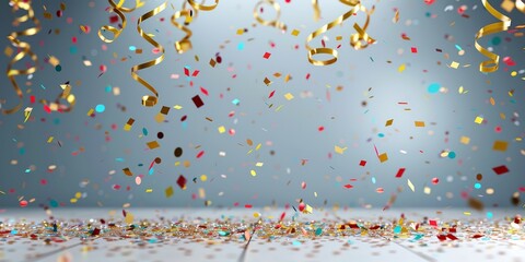 Colorful confetti and streamers cascade down in a festive celebration, creating a joyful atmosphere for any event.