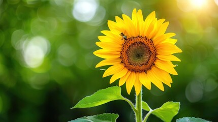   A close-up of a sunflower with green leaves in the foreground and a bright sun in the background