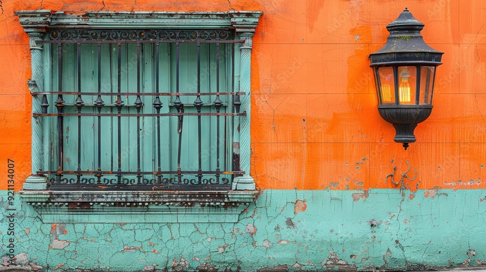 Poster a green and orange building with a window and bench in front of a lit window