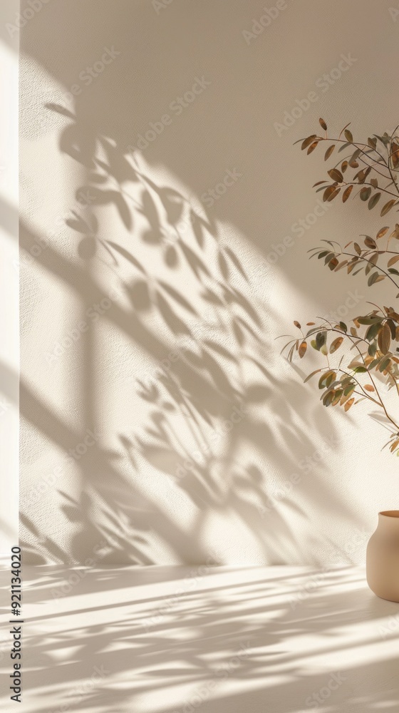 Poster a vase with a plant in it sits in front of a wall with a window
