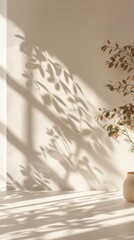 A vase with a plant in it sits in front of a wall with a window