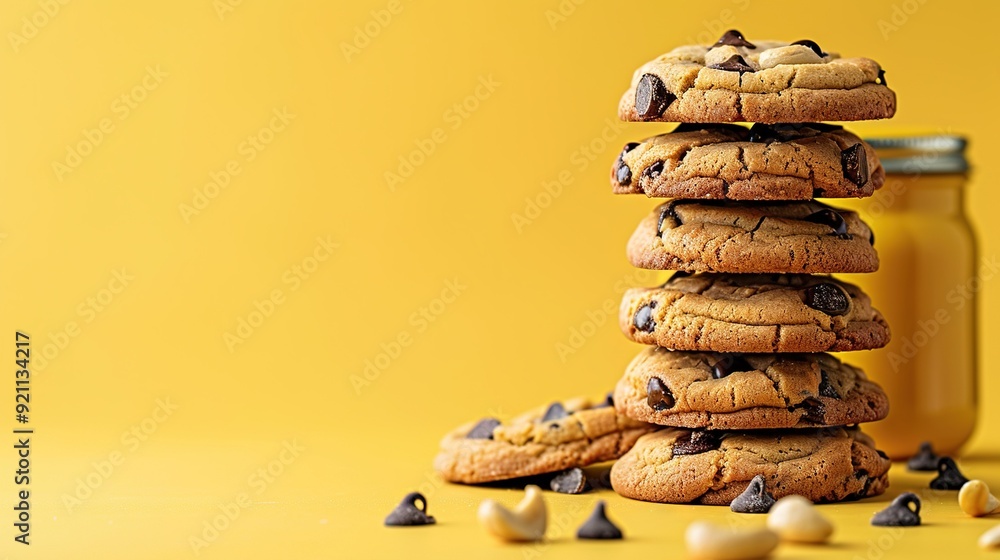 Poster a plate with a stack of chocolate chip cookies next to a jar of peanut butter and chocolate chip coo