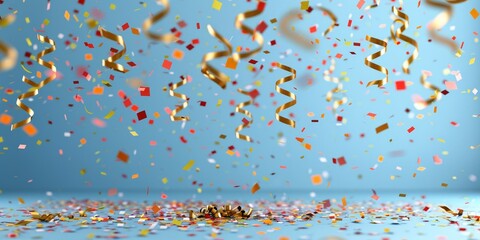 Vibrant confetti and streamers falling against a soft blue backdrop, perfect for celebrations and festive events.