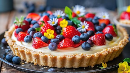   Close-up shot of a pie with strawberries and blueberries on top on a plate on a table