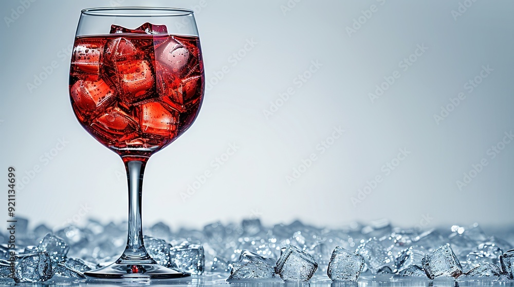 Poster a glass of red wine with ice cubes on a reflective surface in a blurred background of ice cubes