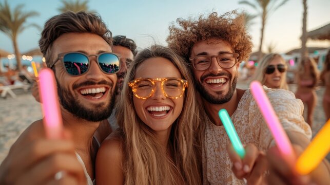Three friends, adorned with sunglasses and holding neon glow sticks, are joyfully posing together at a lively beach party with festive lighting and a fun atmosphere.