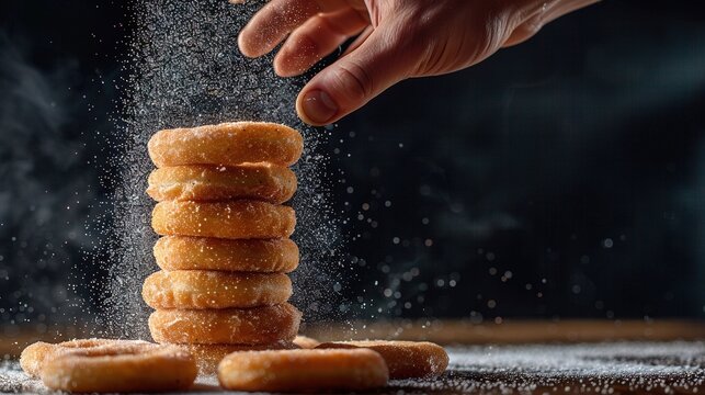   A person is pouring sugar on a stack of donuts, with their hand grabbing one