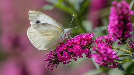   A close-up of a butterfly on a pink flower with a blurry background